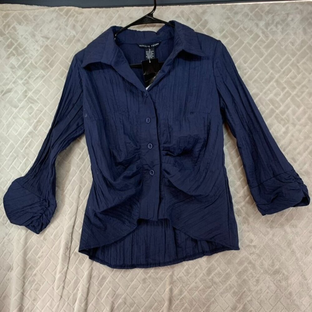 Antilia Femme Womens Medium Blouse Blue Gauze Button Up 3/4 Sleeve Collared